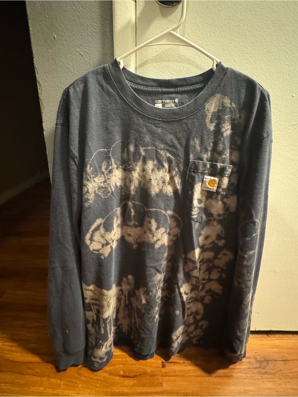 Custom vintage Carhartt Long-Sleeve Pocket Tee with Bleach Pattern